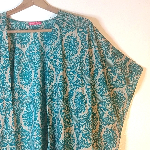Emma's Closet Shawl Kimono Wrap teal tan print intricate chandelier fringe - Picture 5 of 13
